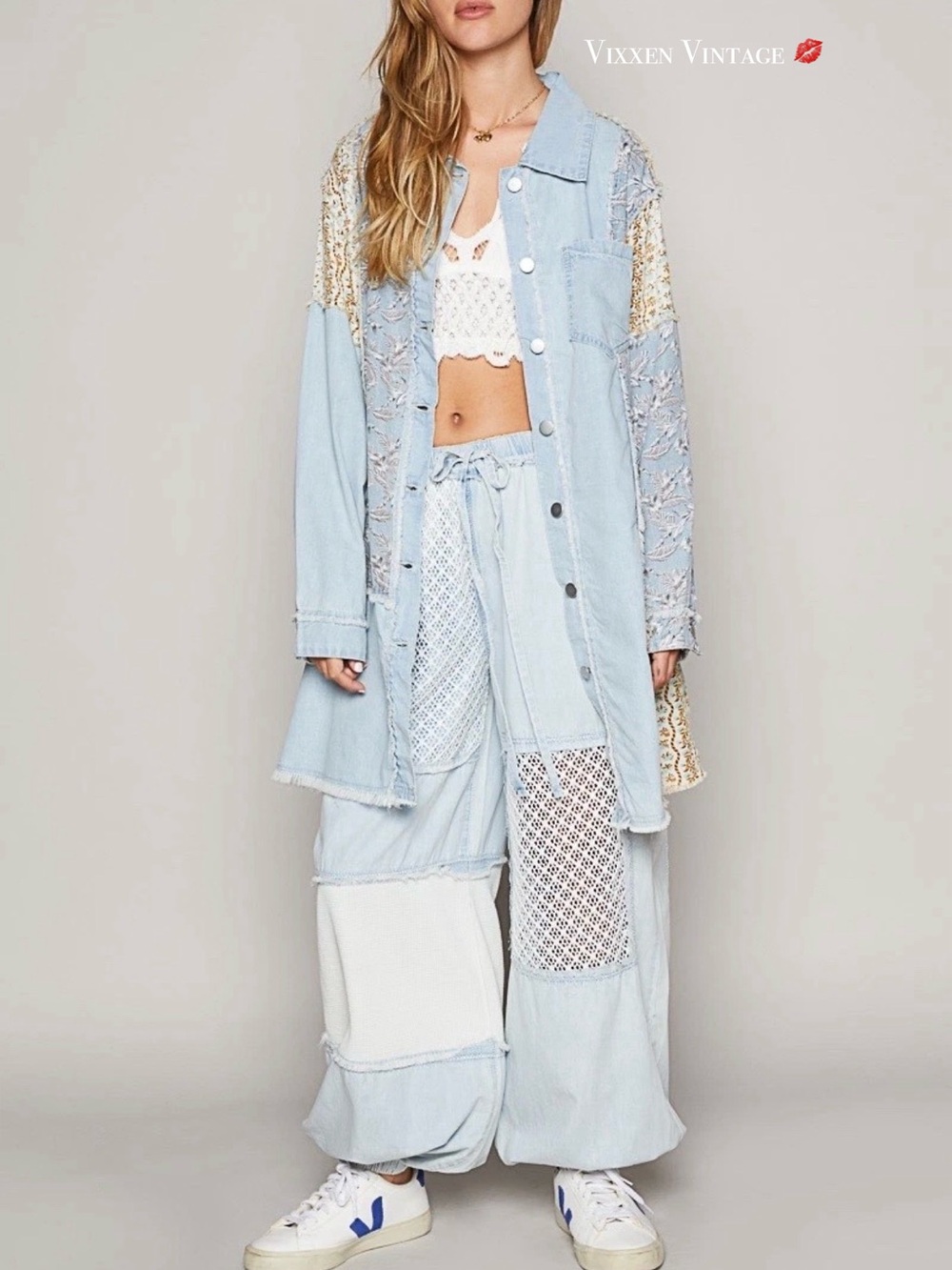 POL OVERSIZED RAW HEM BALLOON SLEEVE 'PATCHWORK DENIM SHACKET' IN BLUE